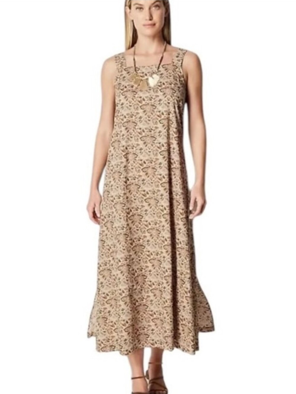 J. Jill Beige Printed Sleeveless Midi Dress 100% Linen Bohemian Summer Hippie XL